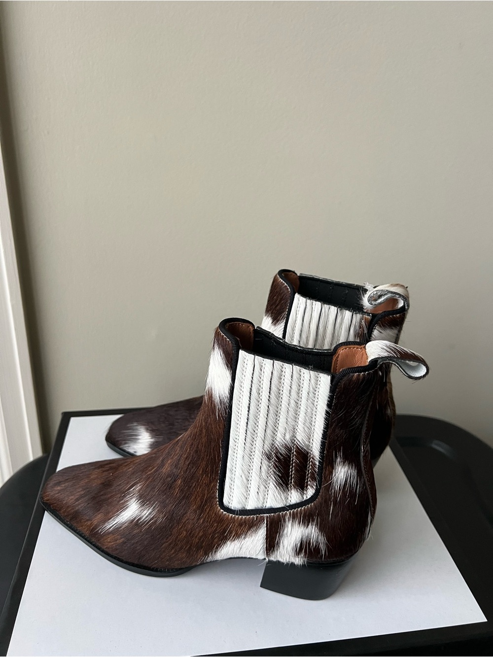 Cowhide Pointed Toe Ankle Boots - Brown & White